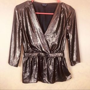 TopShop dark shimmery gold metallic peplum blouse, size 4